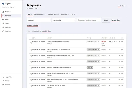 The reviewer’s queue in Sagenta: requests for Harborview Dental with their status, priority, who has them and how long they have waited, with filters and an urgent-first sort above.