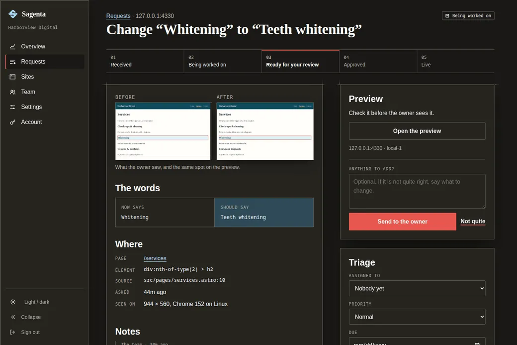 A request page in Sagenta: the owner’s screenshot with the tapped heading outlined, the words it says now beside the words it should say, where on the page it is, and the reviewer’s triage panel.