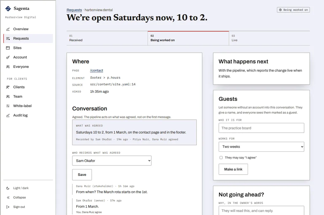 A request page in Sagenta: where it is on the page and in the source, what was agreed and who agreed with it, the conversation, and the reviewer’s triage.