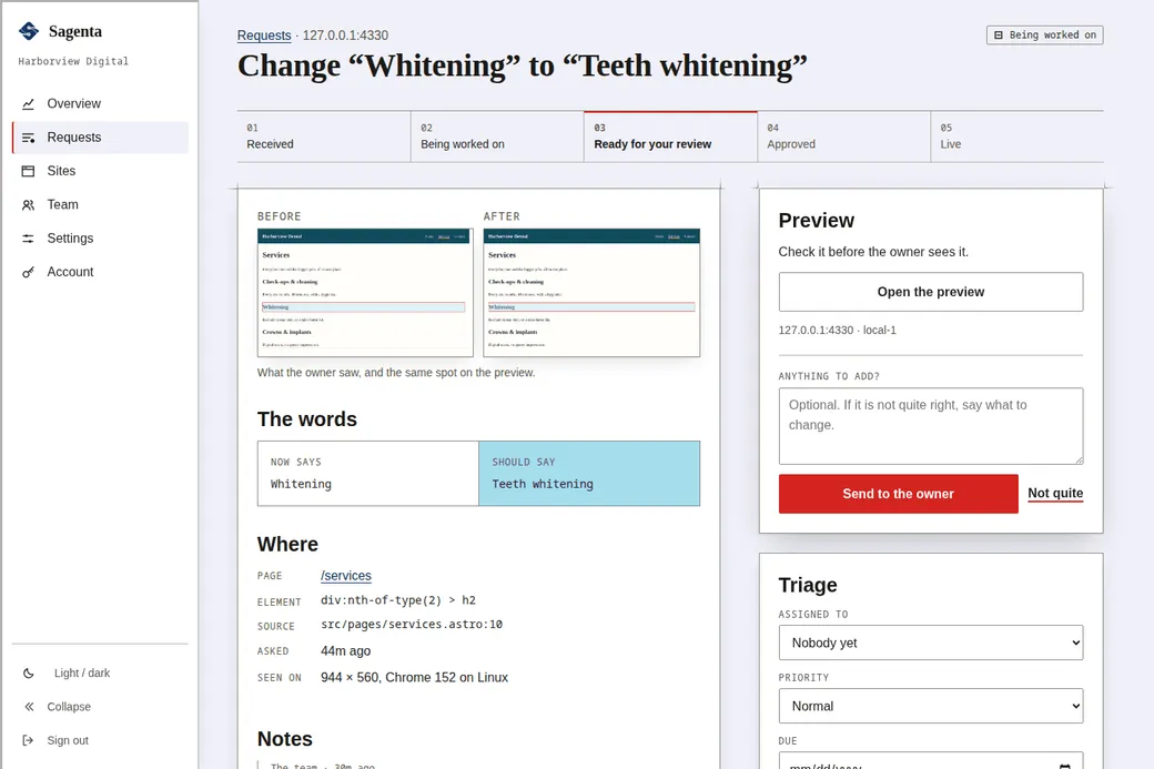 A request page in Sagenta: the owner’s screenshot with the tapped heading outlined, the words it says now beside the words it should say, where on the page it is, and the reviewer’s triage panel.