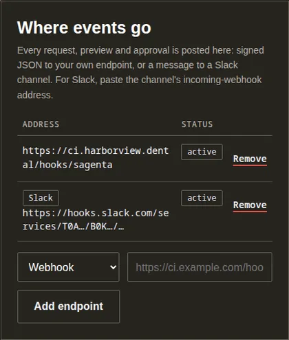 A site’s endpoints in Sagenta: a webhook address and a Slack channel, both active, and the form that adds another.