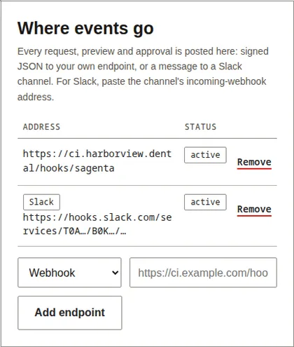 A site’s endpoints in Sagenta: a webhook address and a Slack channel, both active, and the form that adds another.