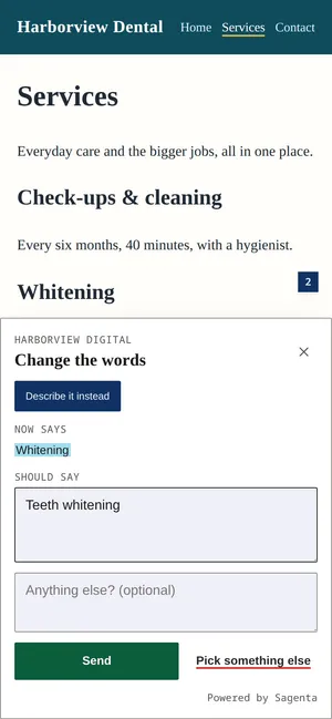 The Sagenta widget on a dental practice’s site, on a phone. The heading “Whitening” is picked, and the owner has typed “Teeth whitening” as the words it should say instead.